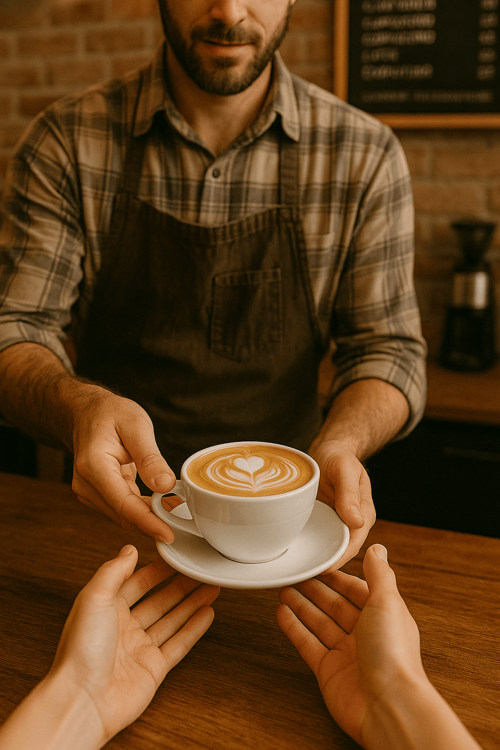 View of the coffee bar with pastries on display and a barista steaming milk.