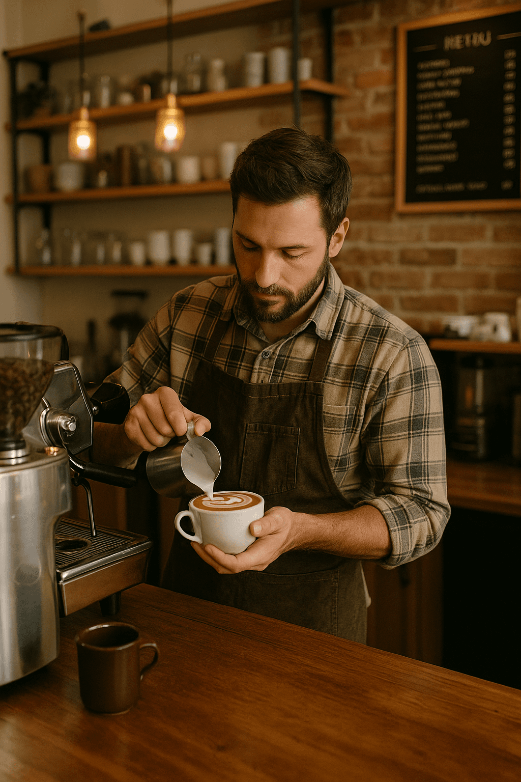 Guests chatting at a communal table with coffee and laptops.